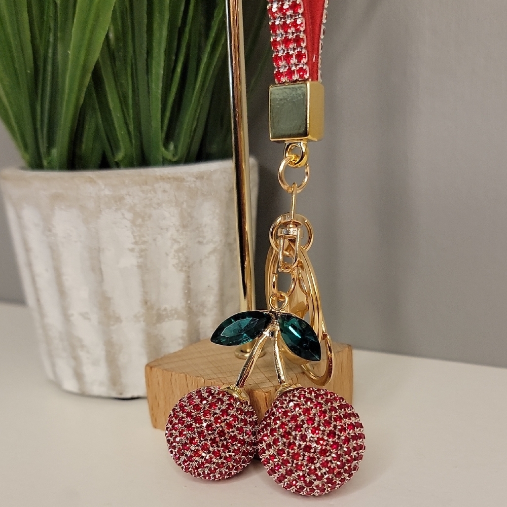 Cherry Red Rhinestone Keychain Bag Charm - Picture 3 of 8